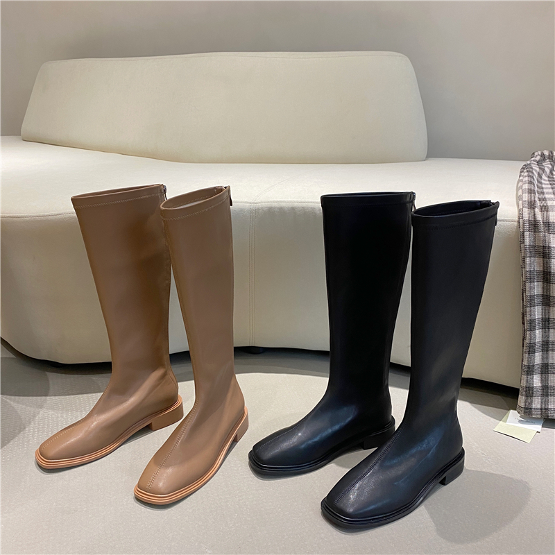 粗跟后拉链软皮软底瘦瘦靴女靴子