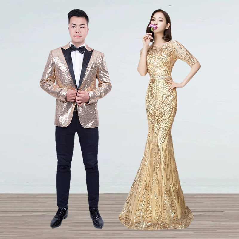 出租金色亮片演出服西装上衣男鱼尾晚礼服长款女修身宴会服装租赁