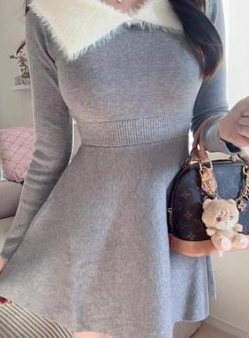 vivisnidell 小v日单GRL 毛绒配色翻领喇叭针织连衣裙tu1276