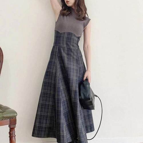 日系拼接假两件连衣裙