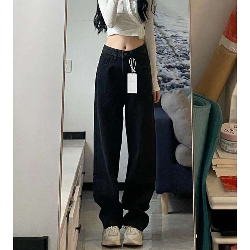 FLEECE PADDED BLACK WIDE-LEG HIGH-WAISTED JEANS WOMENS AUTUMN AND WINTER LOOSE AND THIN VERSATILE LARGE SIZE STRAIGHT PANTS TIDE