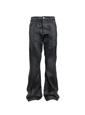 GOJOYJINNI 暗黑小众金属手工刷蜡涂层水洗拖地微喇叭牛仔裤