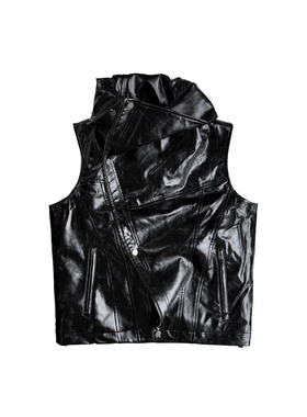 GOJOYJINNI结构异形暗黑亮面立领多穿法拉链毛领皮马甲