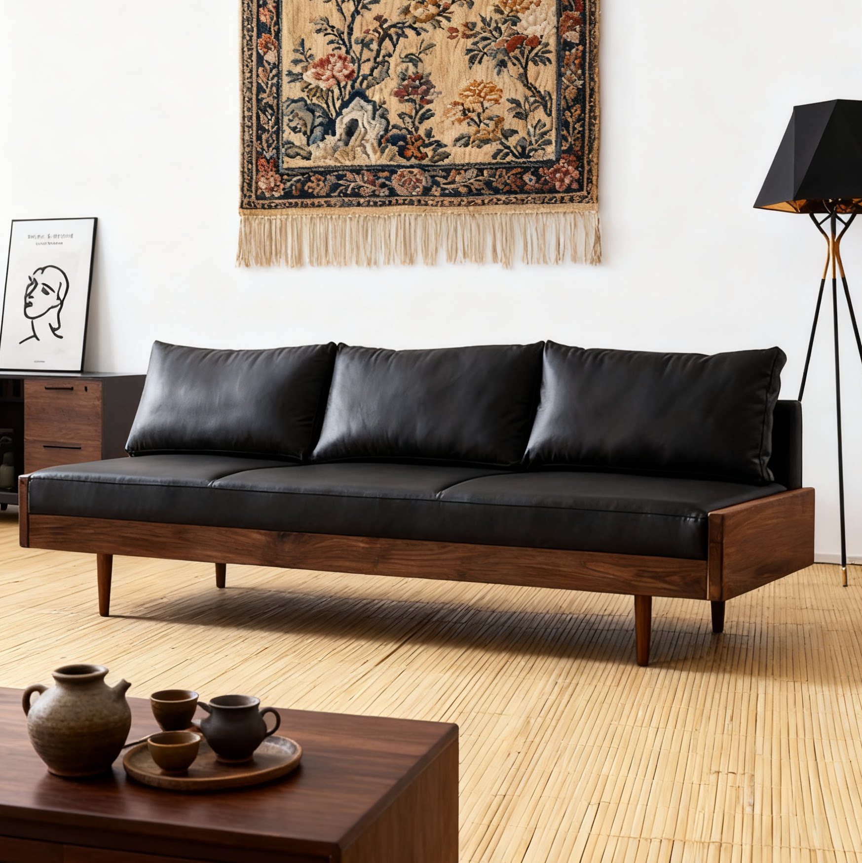 复古实木沙发无扶手软包卡座坐垫民宿酒店小户型日式原木三人沙发