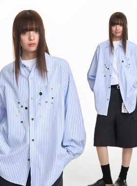 TGNS蓝色竖条纹纽扣装饰衬衫男女春季设计感宽松休闲衬衣长袖外套