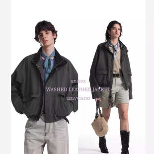 【复古洗水】Unvesno(UN)苍山绿中古皮领洗褪短廓型飞行夹克外套