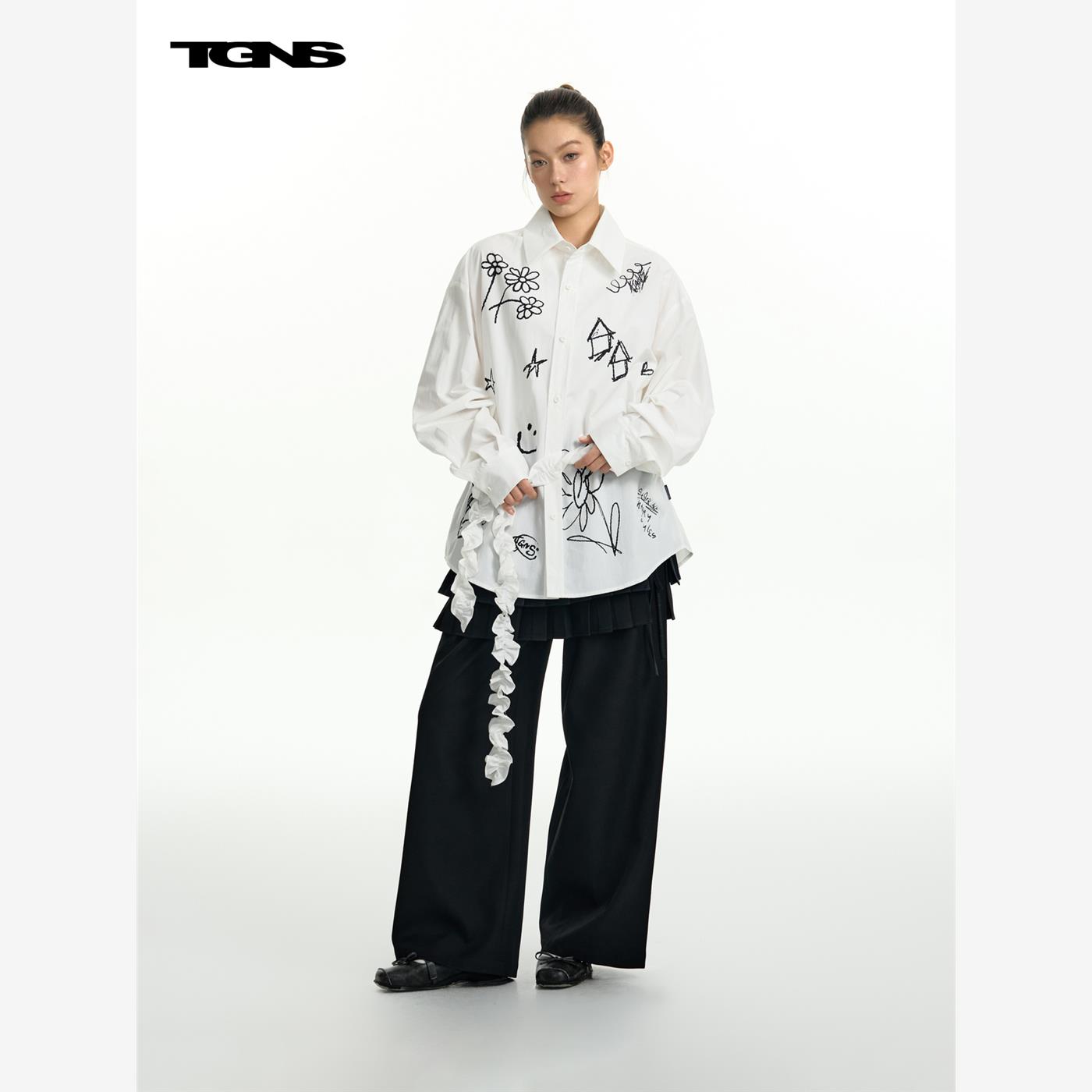 TGNS涂鸦印花白色衬衫女夏季薄款设计感长袖衬衣宽松慵懒小众上衣