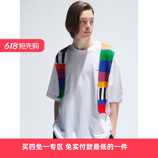 EAFINETAL.彩色毛衣面料撞色拼接设计刺绣LOGO圆领潮宽松短袖T恤