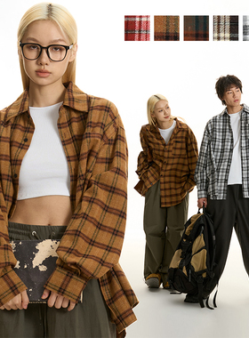 TGNS潮牌美式格子衬衫外套男慵懒风上衣秋姜黄色格纹复古休闲衬衣