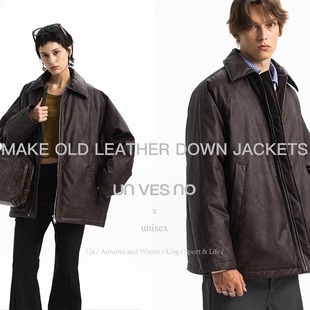 【90白鸭绒】Unvesno(UN)  Row风做旧手工檫色皮革廓形保暖羽绒服