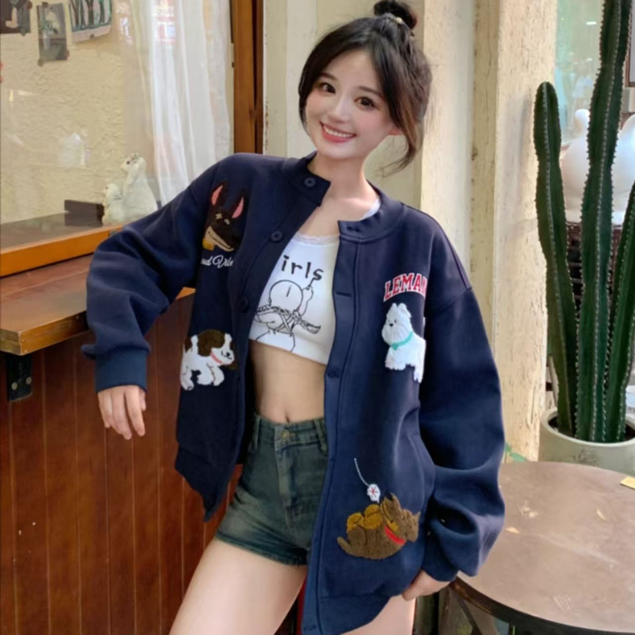 甜妹贴布绣花外套女秋冬美式宽松学生显瘦休闲运动慵懒棒球服上衣