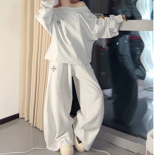 斜肩辣妹慵懒休闲运动套装女春秋