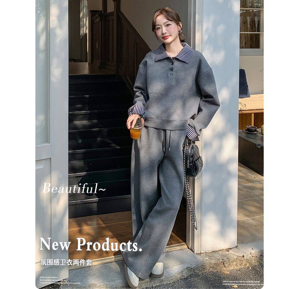 韩版显瘦休闲运动套装女春秋新款宽松学生Polo领卫衣长裤两件套潮