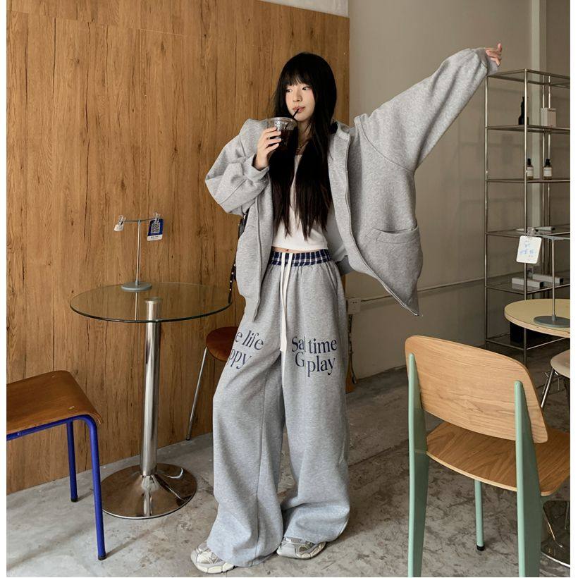 嘻哈宽松连帽开衫卫衣长裤套装女春秋显瘦纯棉华棉休闲运动两件套
