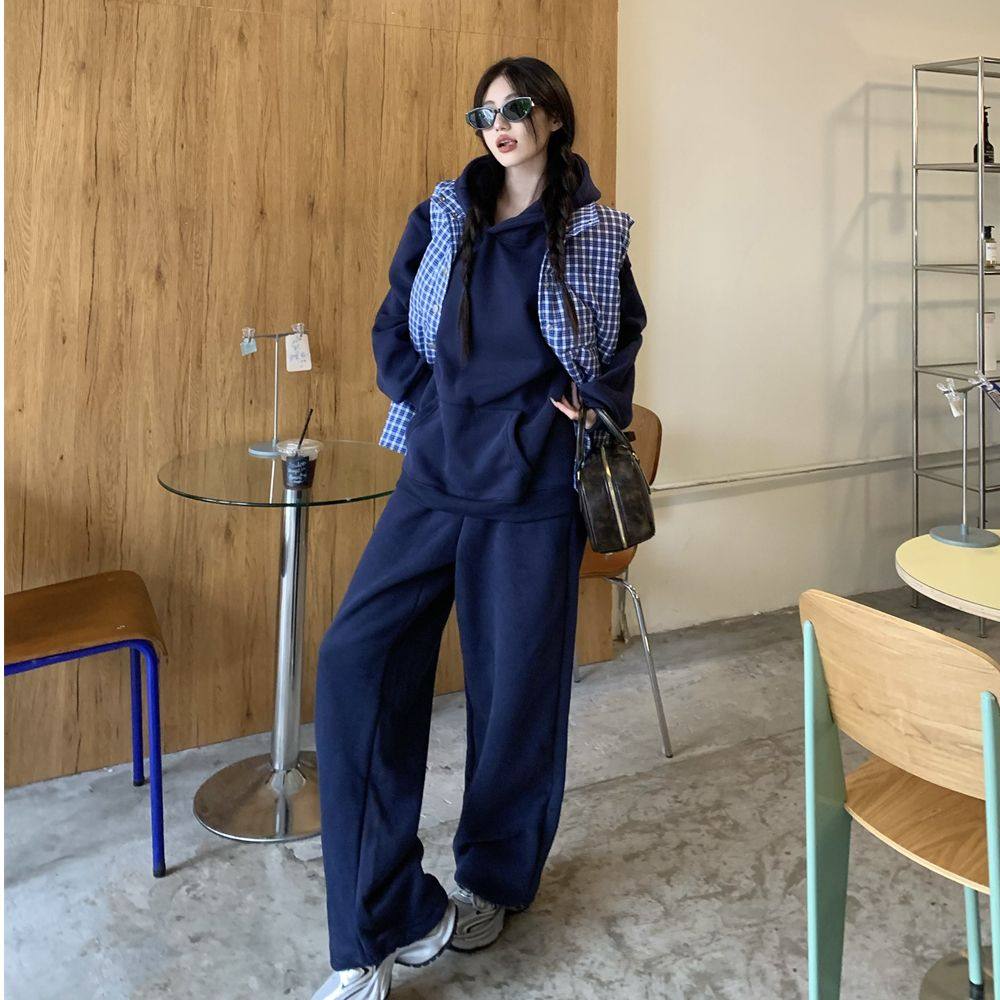 简约纯色休闲运动套装女春秋宽松显瘦学生慵懒韩版卫衣长裤两件套