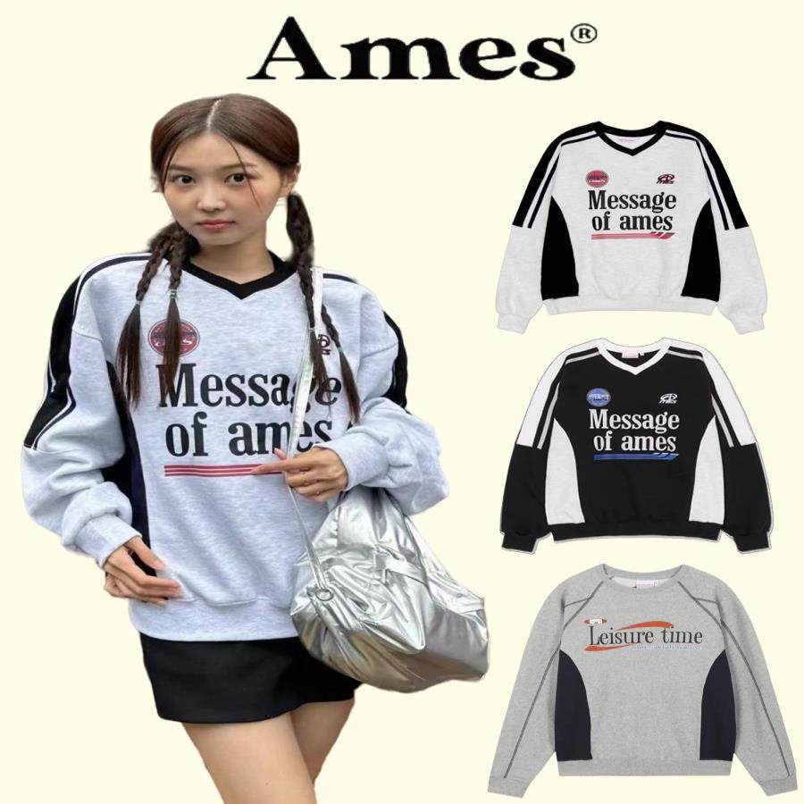 韩国AMES卫衣圆领美式复古学院风尹净汉同款小众潮牌长袖情侣上衣