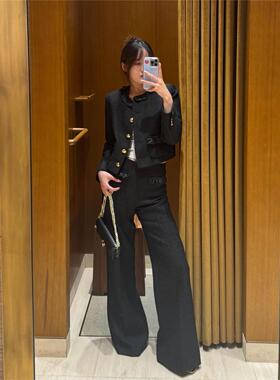 CI代购S家25秋冬气质黑色花边裤腰黑色微喇花呢长裤SFPPA01841