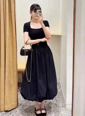 CICI代购m家连衣裙2025秋冬U型领短袖针织拼接收腰长裙MFPRO04334