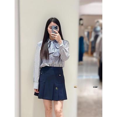 CI代购S家25秋冬法式蝴蝶结方领棉质浅蓝条纹衬衫SFPCM01505