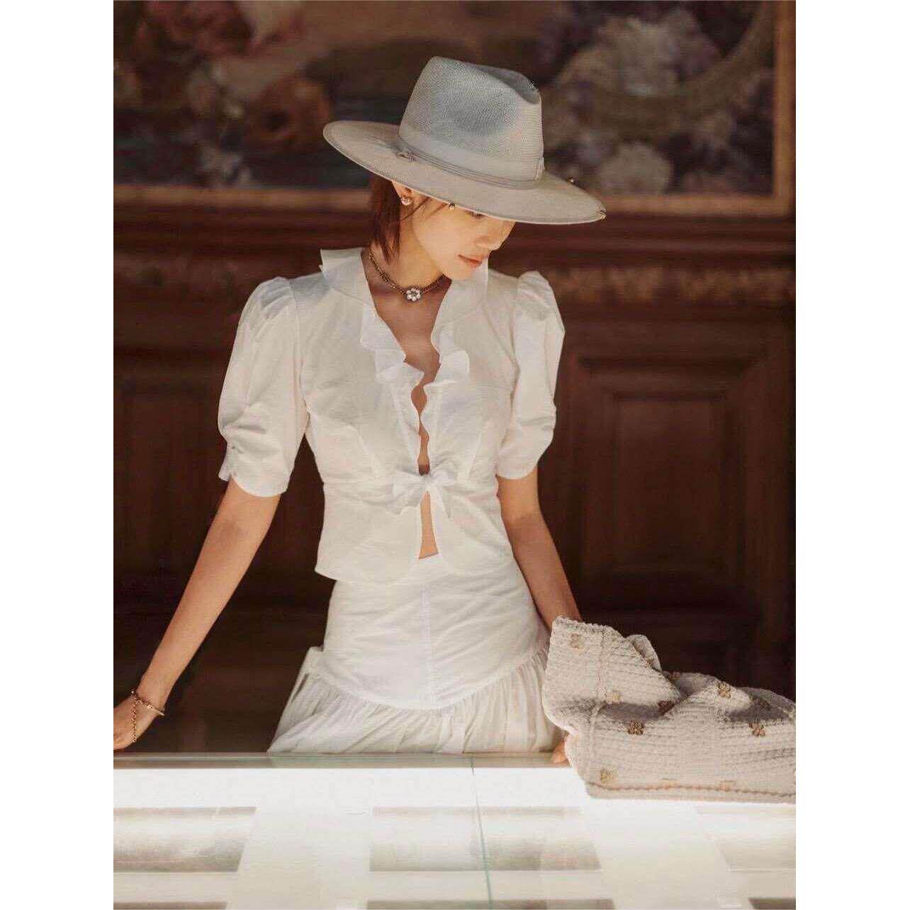 CI代购S家26春夏短泡泡袖荷叶边褶边蝴蝶结开襟短衬衫SFPTO00938