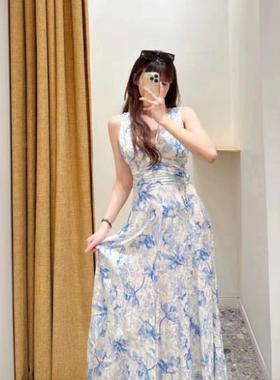 CICI代购m家连衣裙2025春夏大花印花V领高腰吊带长裙MFPRO04124