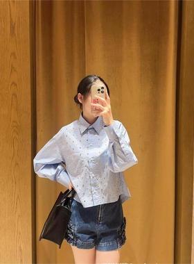 CI代购S家25秋冬法式重工铆钉纯棉蓝色长袖衬衫衣女SFPCM01559