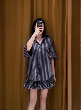CI代购S家25秋冬宽松钻饰落肩袖短袖条纹棉衬衫SFPCM01451