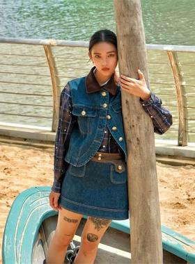 CI代购S家25秋冬棉复古明线皮革腰牛仔半裙SFPJU01479