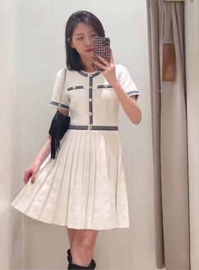 CICI代购m家连衣裙25春夏小香风撞色圆领百褶针织短裙MFPRO04093
