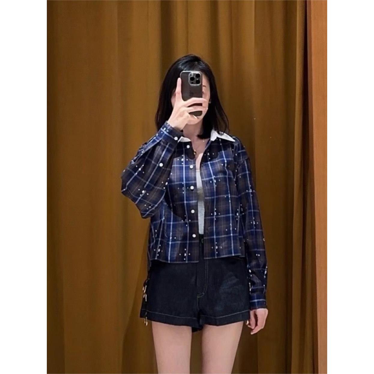 CI代购S家25秋冬拼色设计感钻饰格纹翻领长袖衬衫SFPCM01478