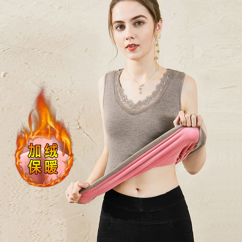 加绒加厚背心女性感蕾丝秋冬季紧身打底无袖内穿吊带保暖内搭马甲