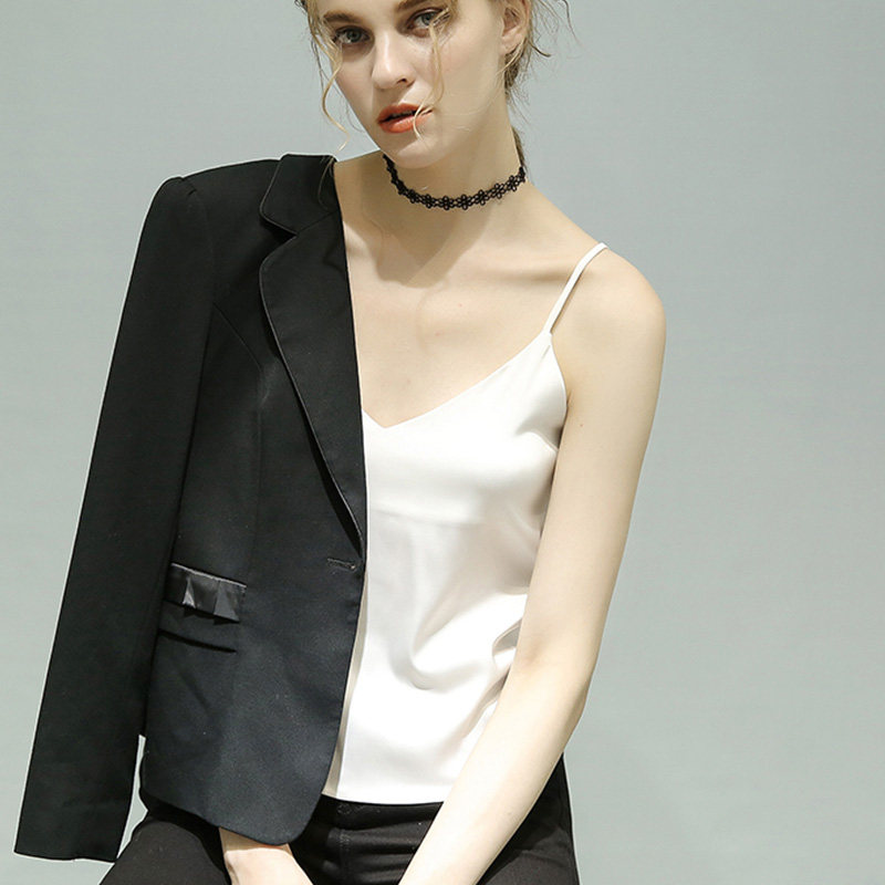 欧美西装内搭吊带背心女夏新白色v领真丝绸缎打底打底衫上衣短款