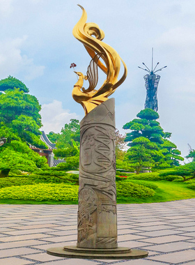 城市大型广场户外景观不锈钢凤凰石材龙柱组合艺术金属雕塑小品