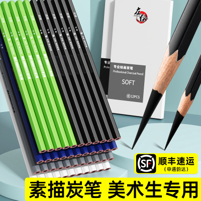 左绘炭笔美术生专用软碳笔素描专用速写碳铅笔14b铅笔特软炭笔中碳硬碳软中硬素描工具套装软性中炭铅16b绘画