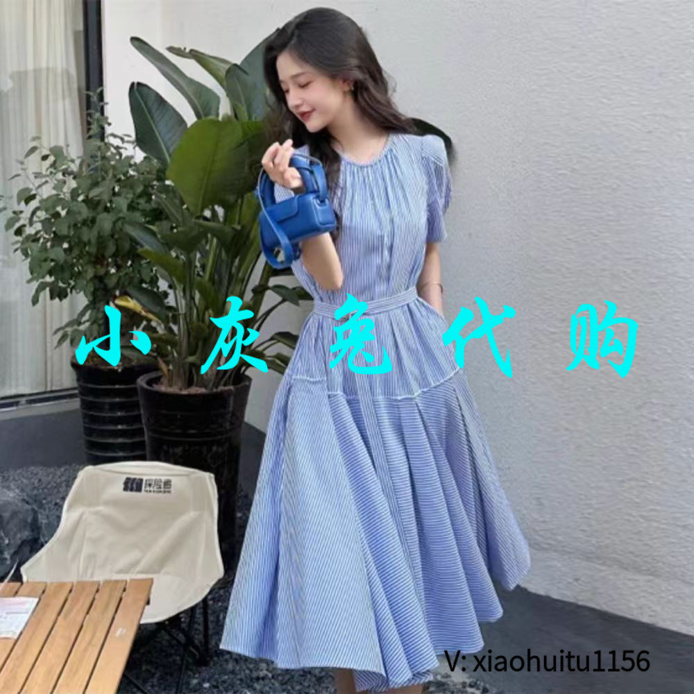小灰兔专柜正品代购2026夏季新款蓝色条纹腰带短袖连衣裙1500532