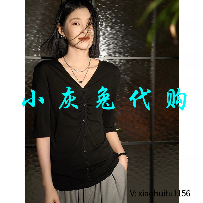 小灰兔专柜正品代购抽皱门襟设计V领五分袖1303496-7841080-001