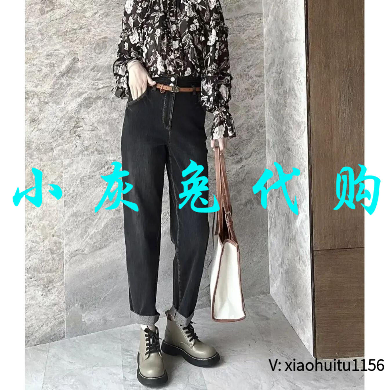 小灰兔正品代购黑灰色加绒工装裤