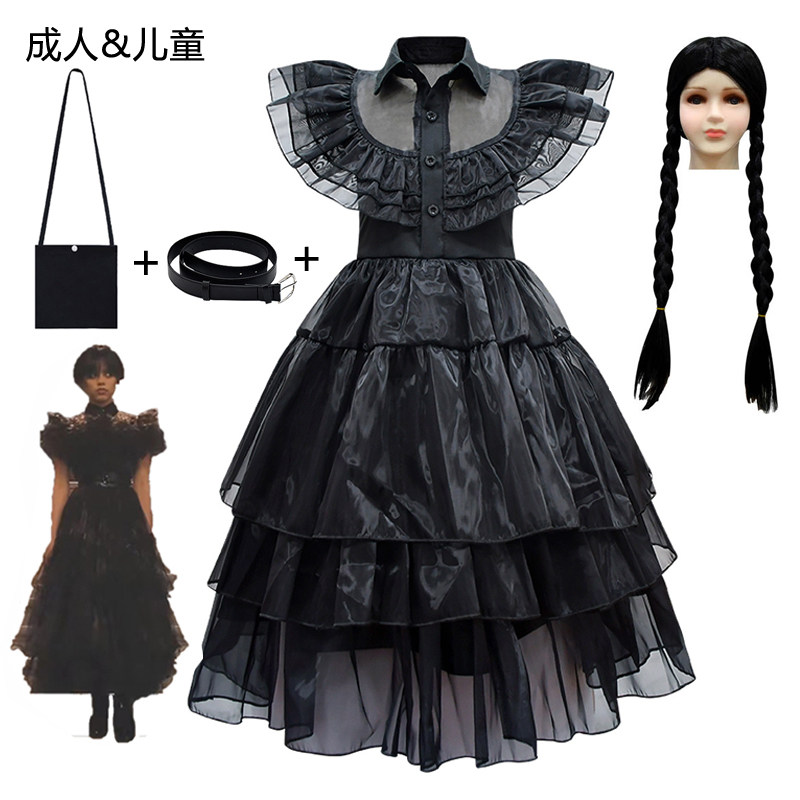 星期三同款衣服黑暗哥特朋克风裙子洛丽塔礼服蓬蓬黑色连衣裙儿童