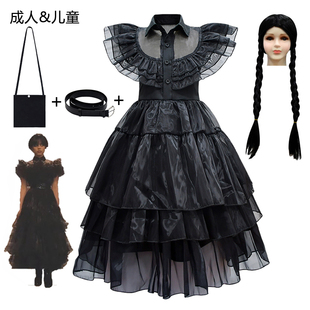 星期三同款衣服黑暗哥特朋克风裙子洛丽塔礼服蓬蓬黑色连衣裙儿童