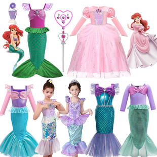 迪士尼爱丽儿美人鱼公主裙女童蓬蓬裙演出服装儿童鱼尾连衣裙礼服