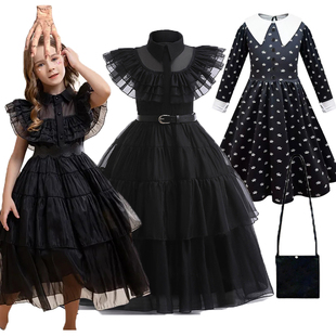 星期三同款衣服黑色小礼服裙子万圣节儿童装扮女童cosplay服装