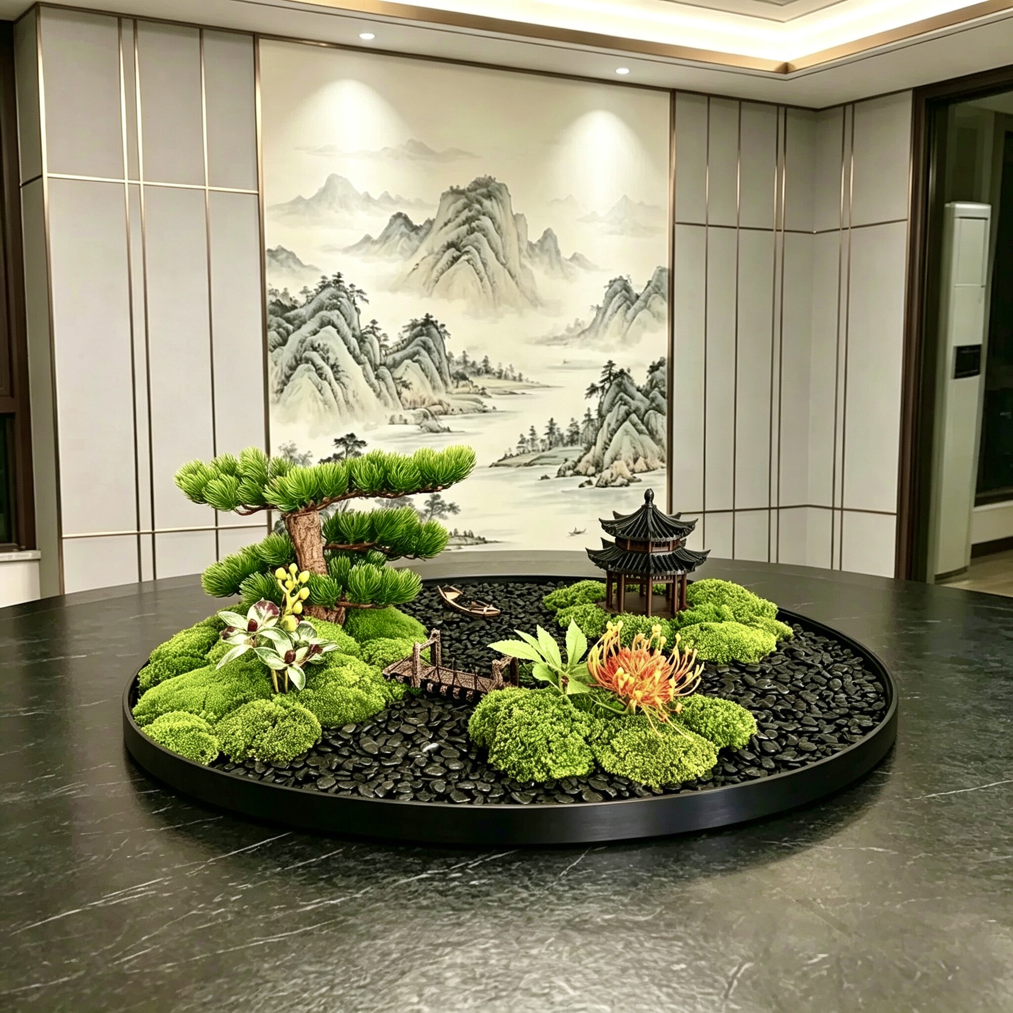 中式禅意餐桌花艺永生苔藓圆桌盆景高档酒店会所装饰绿植景观摆件