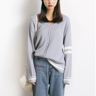 慵懒风复古麻花纯棉线v领针织衫