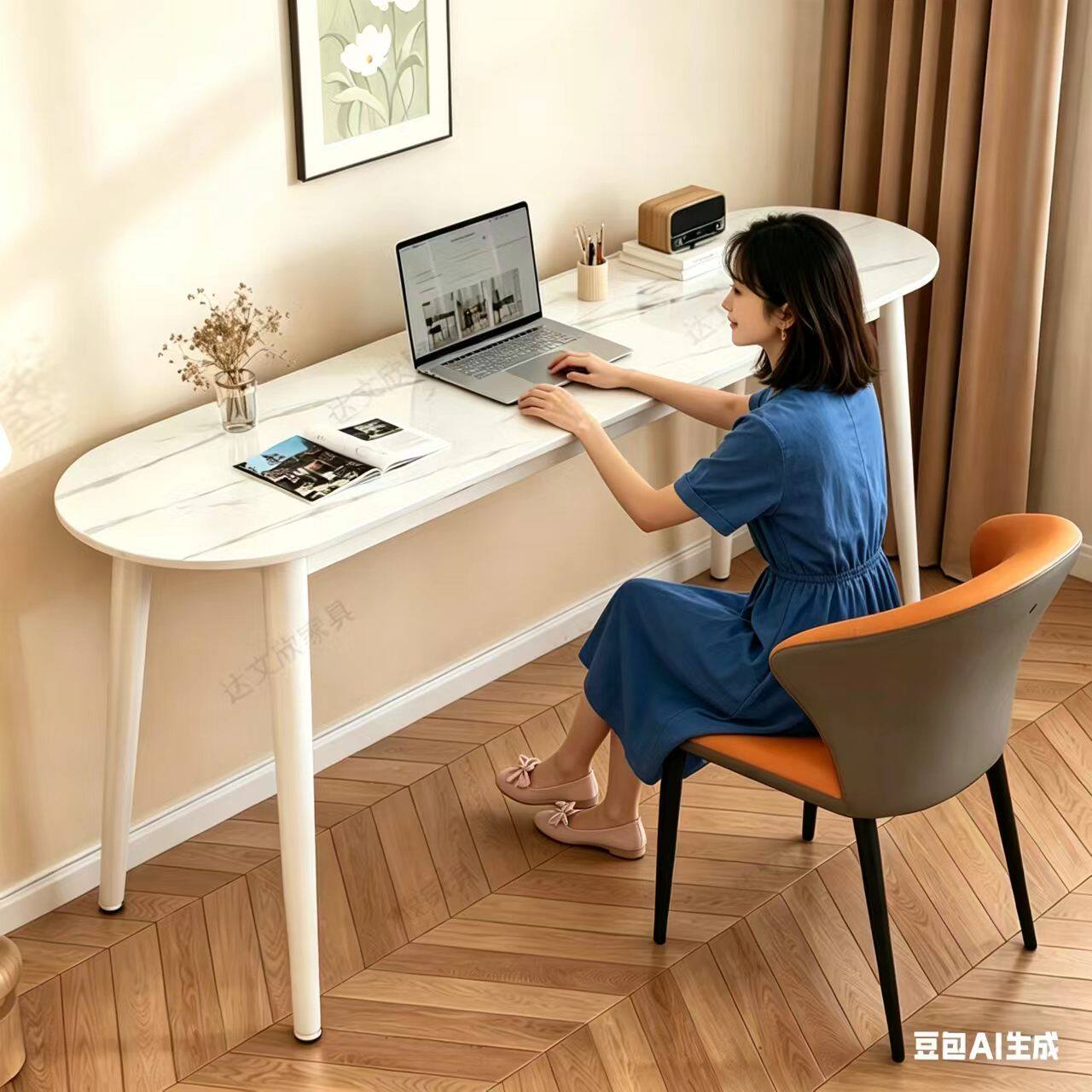 岩板桌简约现代椭圆形电脑桌子白色桌面家用卧室办公桌书桌带支架