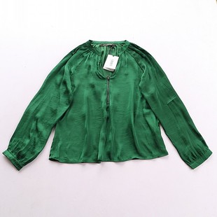 女百搭时尚 衬衫 感丝滑上衣C2 极简风绿色V领长袖 法式