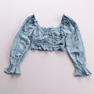 女方领系带收腰百搭短款 法式 衬衫 纹泡泡袖 上衣C3 甜美风格
