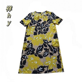 优雅印花连衣裙女短袖中长款黄色黑色叶子图案裙子A1