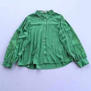 设计感休闲上衣C2 女宽松翻领纽扣开衫 春秋简约风绿色长袖 衬衫
