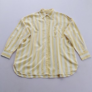 春秋松弛风棉麻黄白色竖条纹衬衫男女同款长袖翻领慵懒风上衣C1