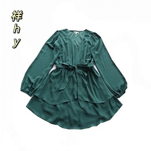 绿色V领长袖 收腰系带显瘦气质裙D2 连衣裙女春季